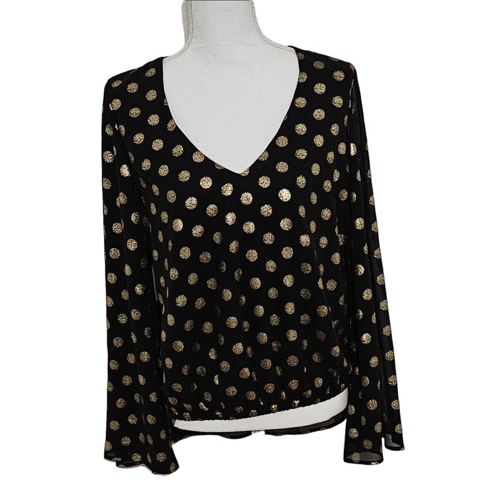 Show Me Your Mumu Mackenzie Top XS Black Gold Polka‎ Dot Sheer V-Neck Blouse